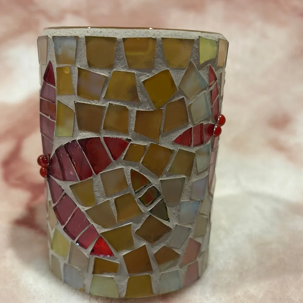 Crate & Barrel Stained Glass Pointsettia Mosaic Candle Holder w scented votifs R
